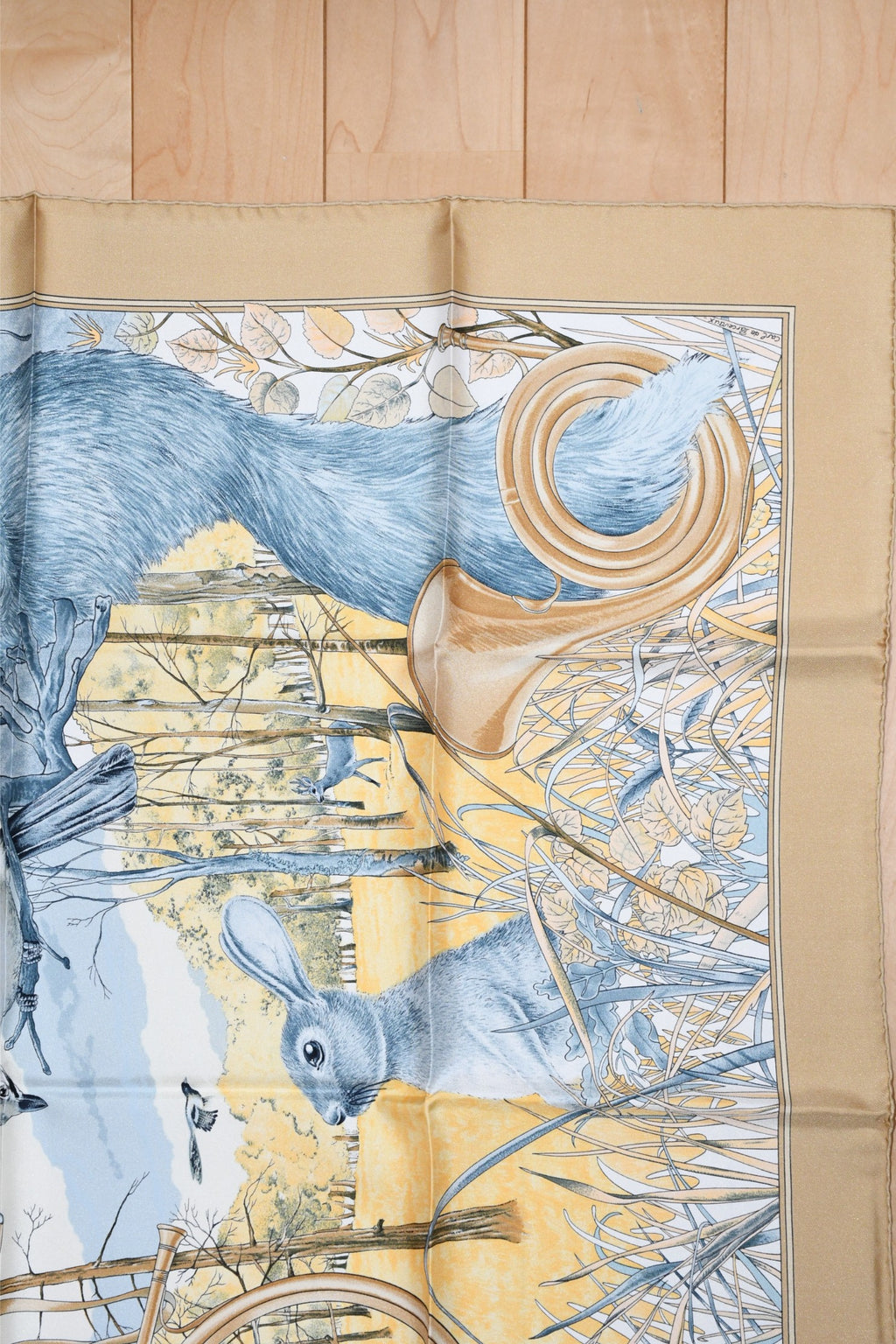 Hermes Scarf Chasse au bois 90 cm silk beige brown Carre fox animal hunter 35"