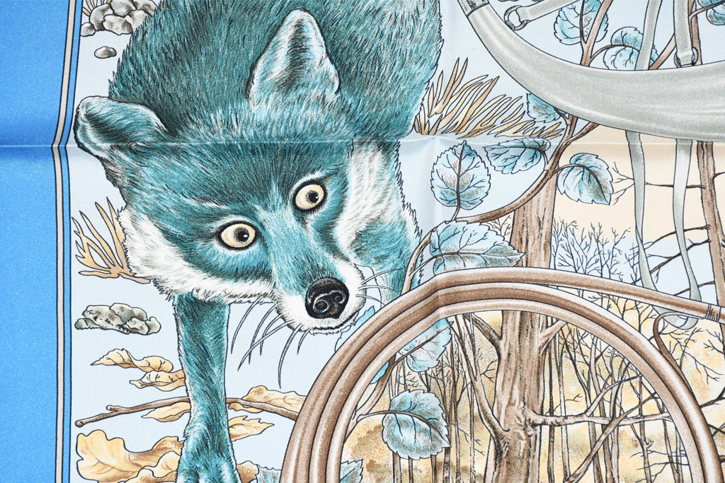 Hermes Scarf Chasse au bois 90 cm silk blue Carre fox animal hunter 35" 0285