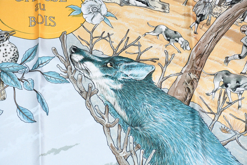 Hermes Scarf Chasse au bois 90 cm silk blue Carre fox animal hunter 35" 0285