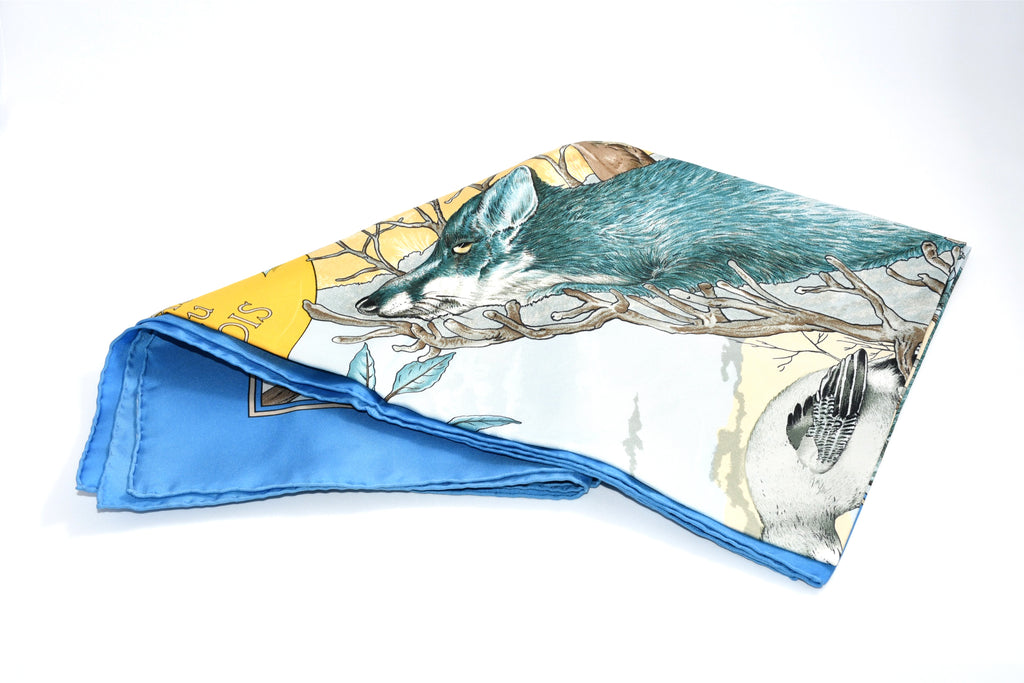 Hermes Scarf Chasse au bois 90 cm silk blue Carre fox animal hunter 35" 0285