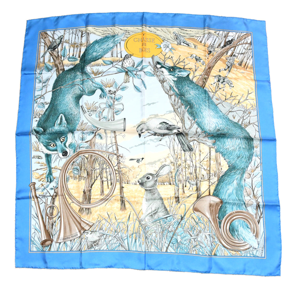Hermes Scarf Chasse au bois 90 cm silk blue Carre fox animal hunter 35" 0285