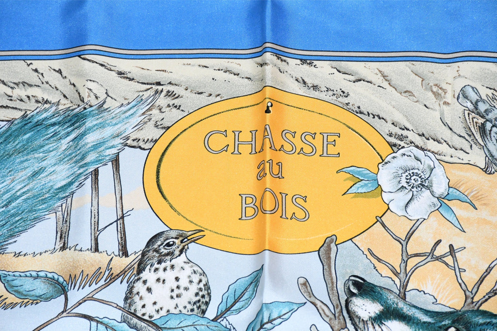 Hermes Scarf Chasse au bois 90 cm silk blue Carre fox animal hunter 35" 0285