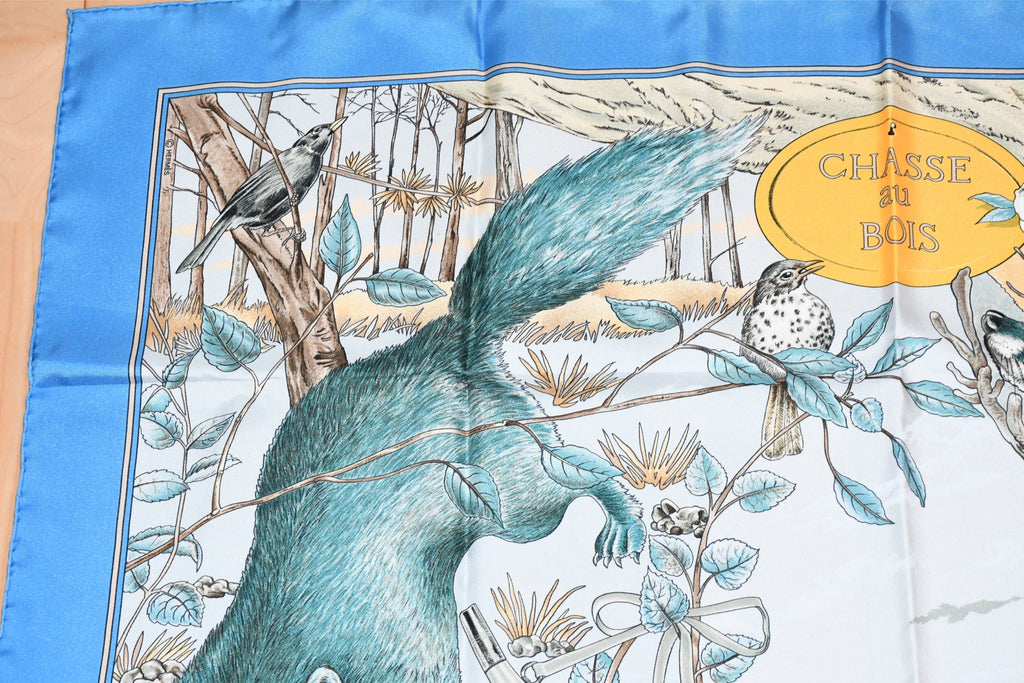 Hermes Scarf Chasse au bois 90 cm silk blue Carre fox animal hunter 35" 0285