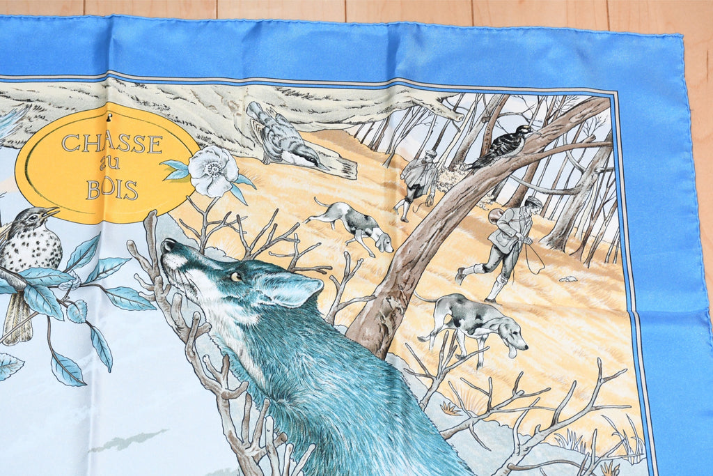 Hermes Scarf Chasse au bois 90 cm silk blue Carre fox animal hunter 35" 0285