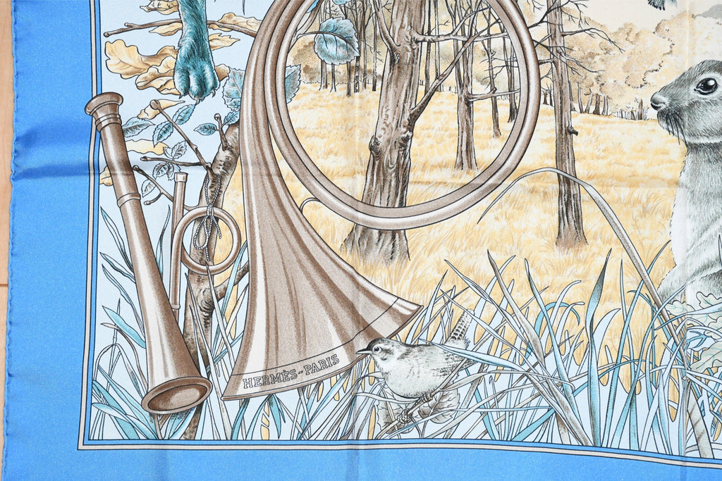 Hermes Scarf Chasse au bois 90 cm silk blue Carre fox animal hunter 35" 0285