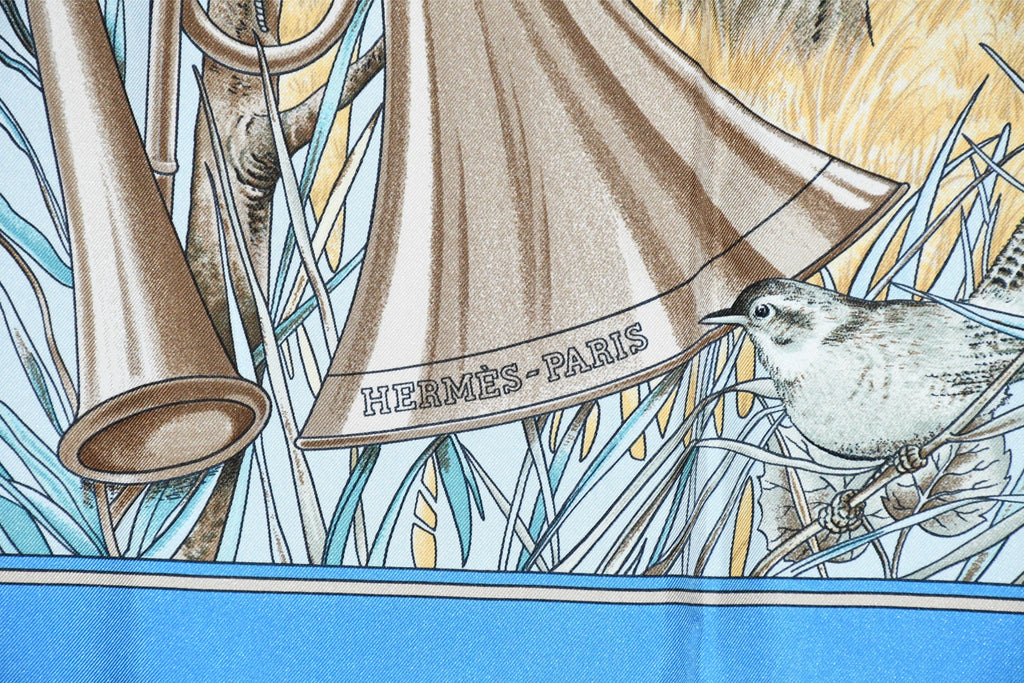Hermes Scarf Chasse au bois 90 cm silk blue Carre fox animal hunter 35" 0285