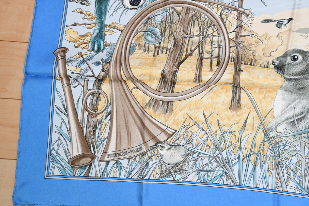 Hermes Scarf Chasse au bois 90 cm silk blue Carre fox animal hunter 35" 095