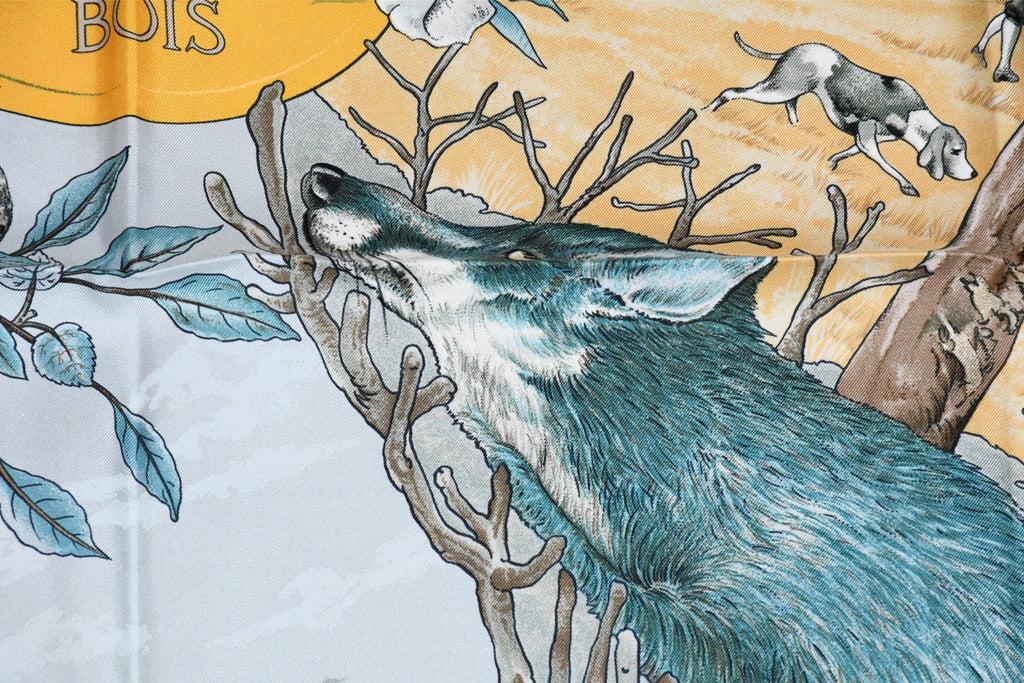 Hermes Scarf Chasse au bois 90 cm silk blue Carre fox animal hunter 35" 095