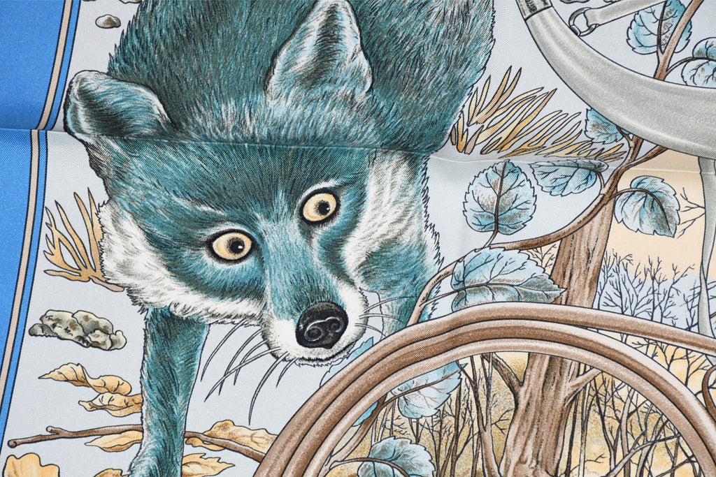 Hermes Scarf Chasse au bois 90 cm silk blue Carre fox animal hunter 35" 095