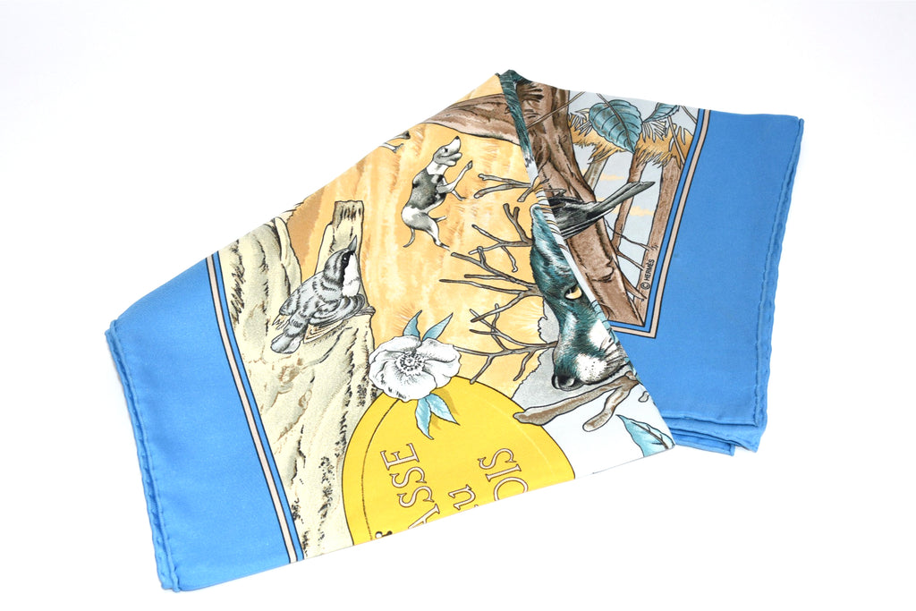 Hermes Scarf Chasse au bois 90 cm silk blue Carre fox animal hunter 35" 095