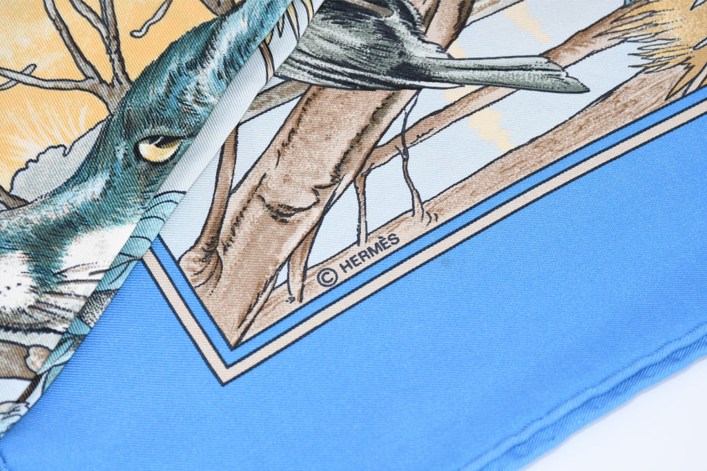 Hermes Scarf Chasse au bois 90 cm silk blue Carre fox animal hunter 35" 095