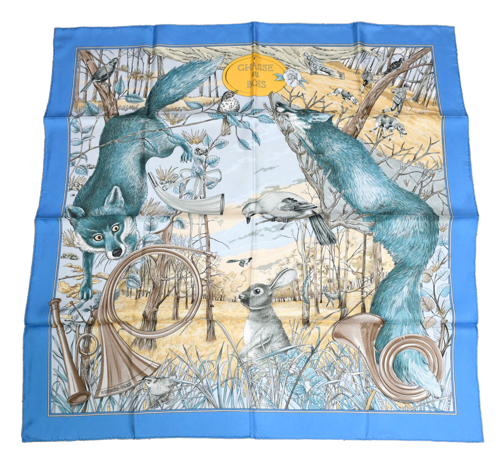 Hermes Scarf Chasse au bois 90 cm silk blue Carre fox animal hunter 35" 095