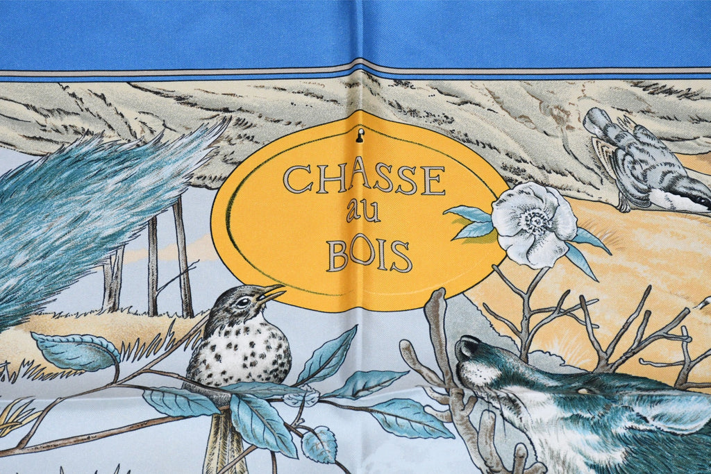 Hermes Scarf Chasse au bois 90 cm silk blue Carre fox animal hunter 35" 095