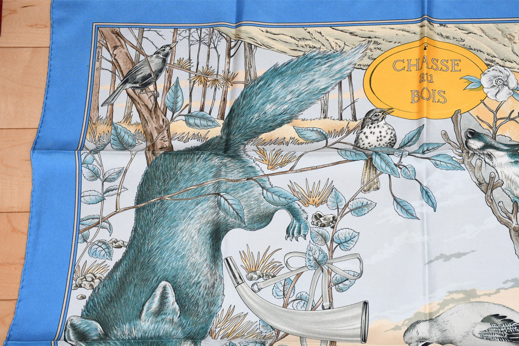 Hermes Scarf Chasse au bois 90 cm silk blue Carre fox animal hunter 35" 095