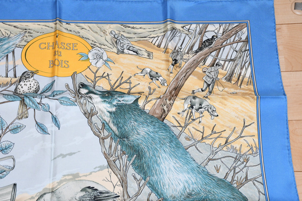 Hermes Scarf Chasse au bois 90 cm silk blue Carre fox animal hunter 35" 095