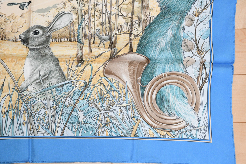 Hermes Scarf Chasse au bois 90 cm silk blue Carre fox animal hunter 35" 095