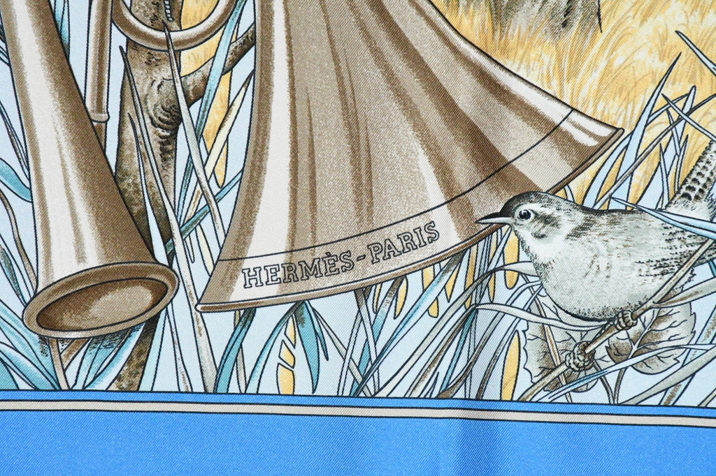 Hermes Scarf Chasse au bois 90 cm silk blue Carre fox animal hunter 35"