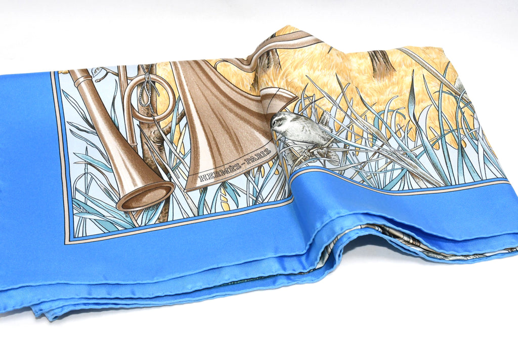 Hermes Scarf Chasse au bois 90 cm silk blue Carre fox animal hunter 35"
