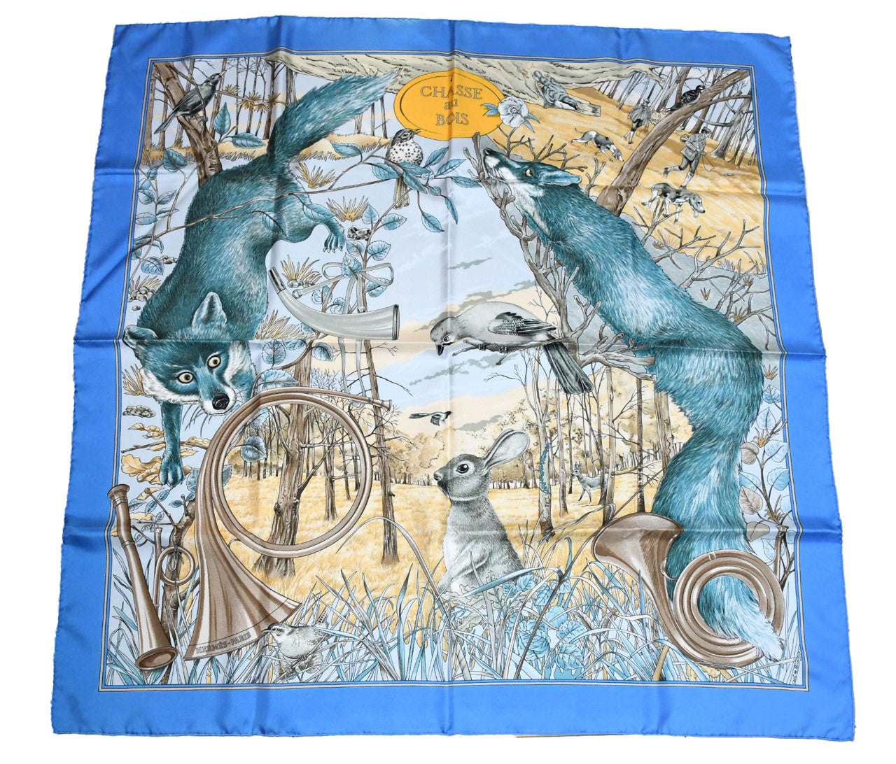 Hermes Scarf Chasse au bois 90 cm silk blue Carre fox animal hunter 35"