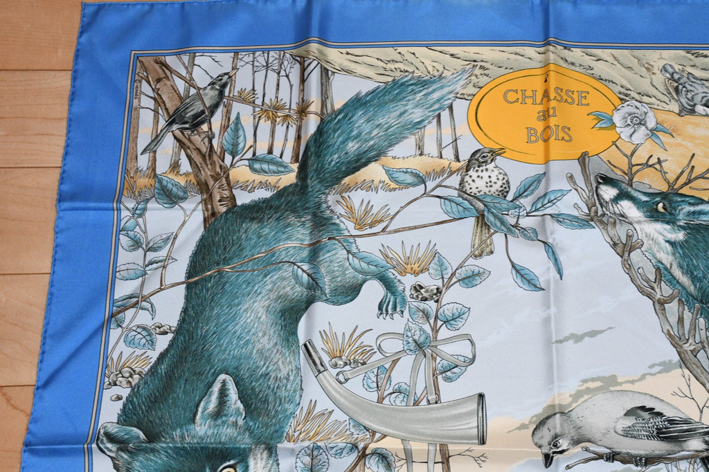 Hermes Scarf Chasse au bois 90 cm silk blue Carre fox animal hunter 35"