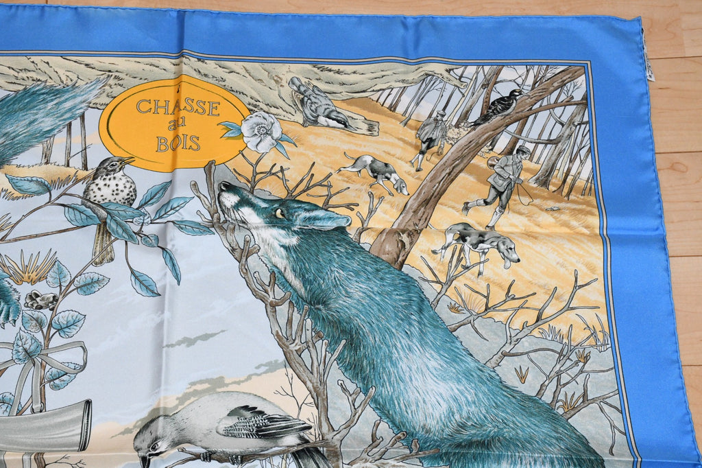 Hermes Scarf Chasse au bois 90 cm silk blue Carre fox animal hunter 35"