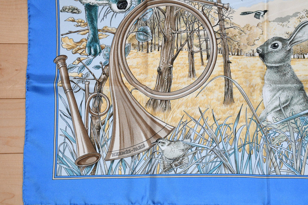 Hermes Scarf Chasse au bois 90 cm silk blue Carre fox animal hunter 35"