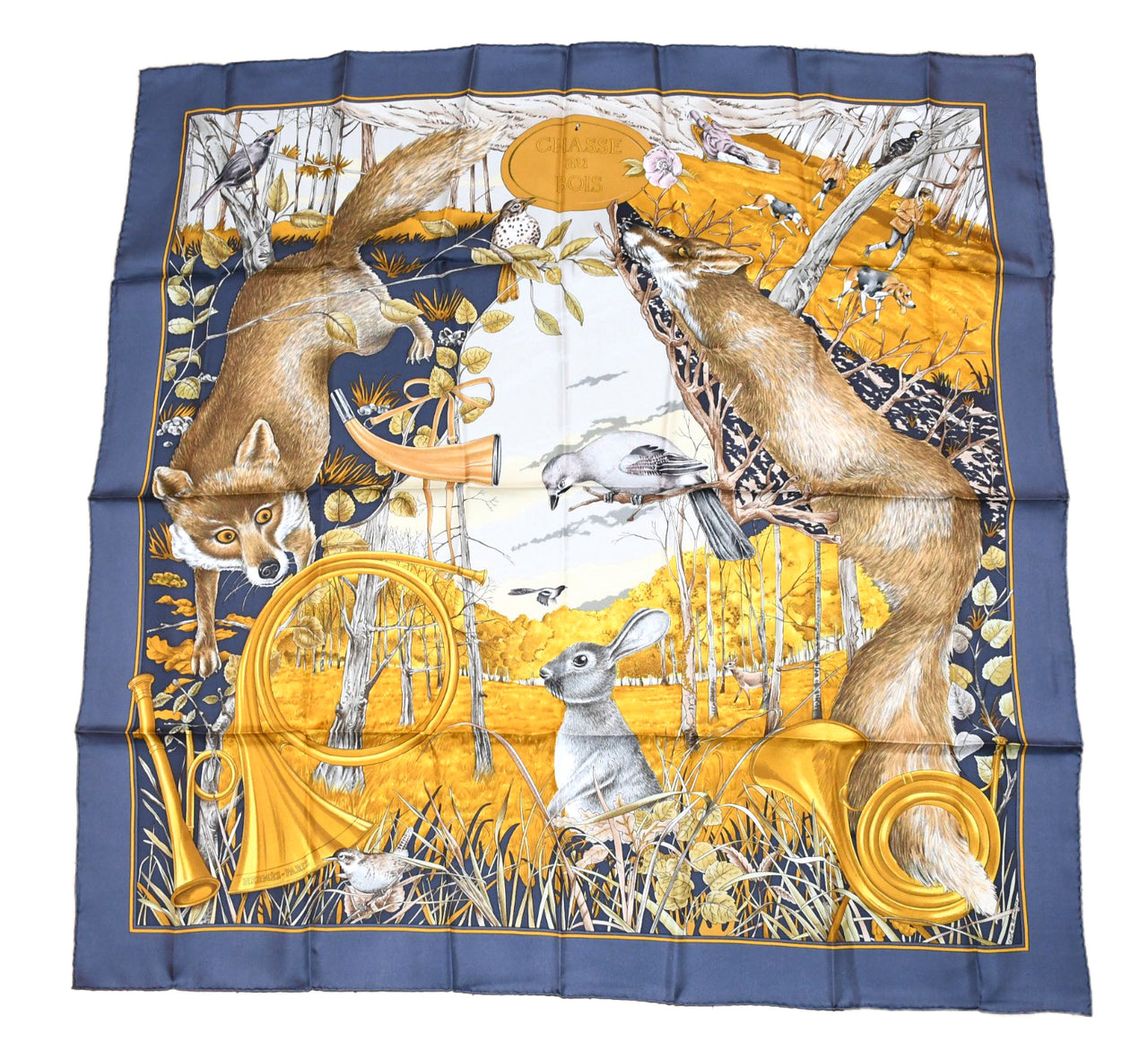Hermes Scarf Chasse au bois 90 cm silk gray Carre fox animal hunter 35"