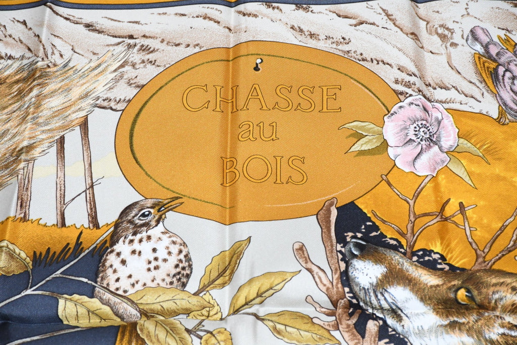Hermes Scarf Chasse au bois 90 cm silk gray Carre fox animal hunter 35"