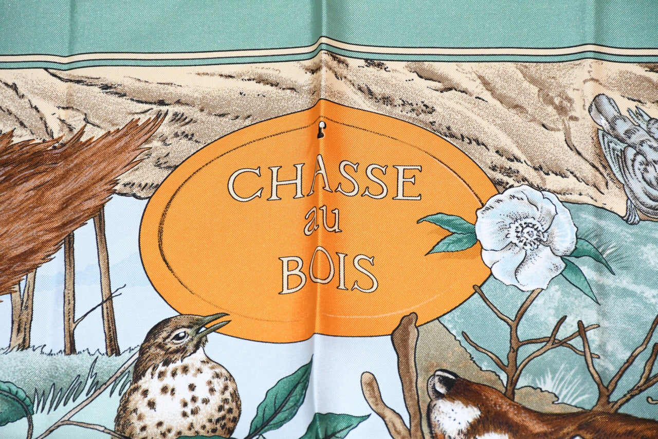 Hermes Scarf Chasse au bois 90 cm silk light green Carre fox animal hunter 35"