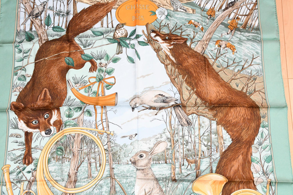 Hermes Scarf Chasse au bois 90 cm silk light green Carre fox animal hunter 35"