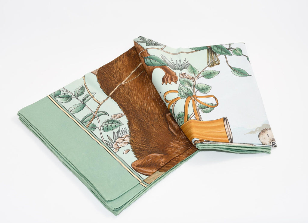 Hermes Scarf Chasse au bois 90 cm silk light green Carre fox animal hunter 35"