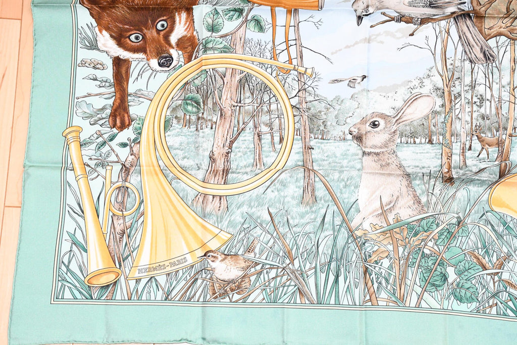 Hermes Scarf Chasse au bois 90 cm silk light green Carre fox animal hunter 35"