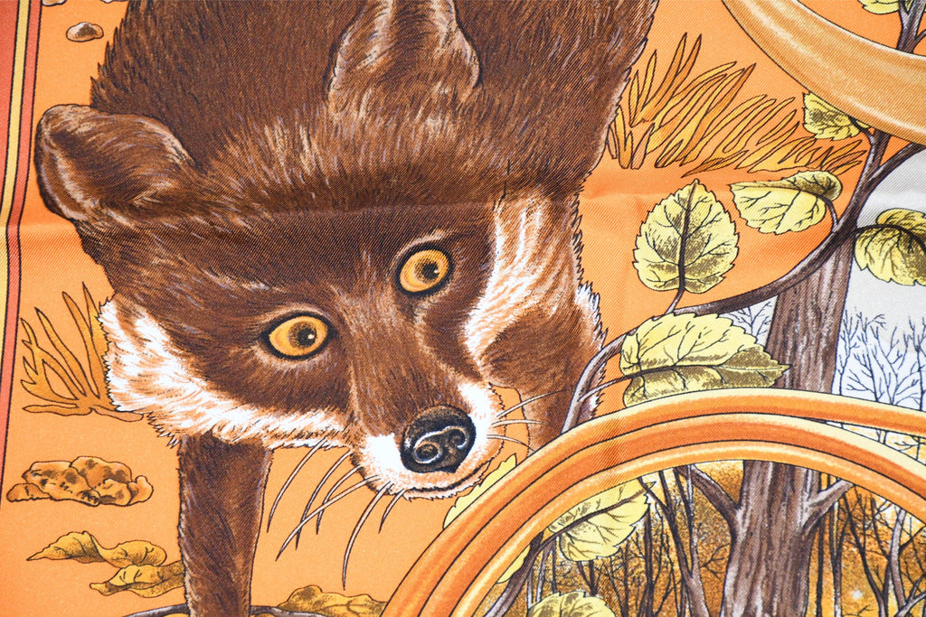 Hermes Scarf Chasse au bois 90 cm silk orange Carre fox animal hunter 35"