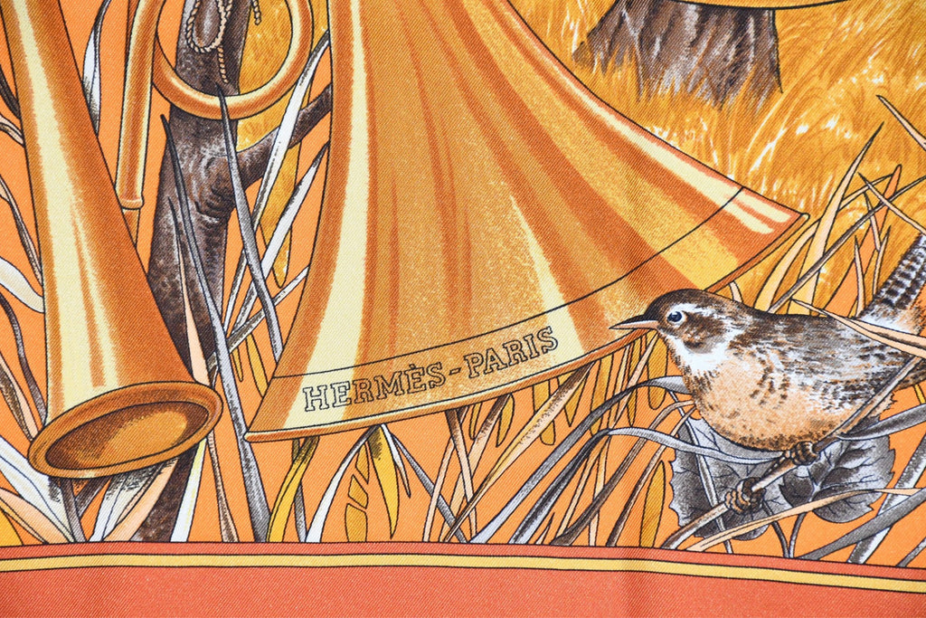 Hermes Scarf Chasse au bois 90 cm silk orange Carre fox animal hunter 35"