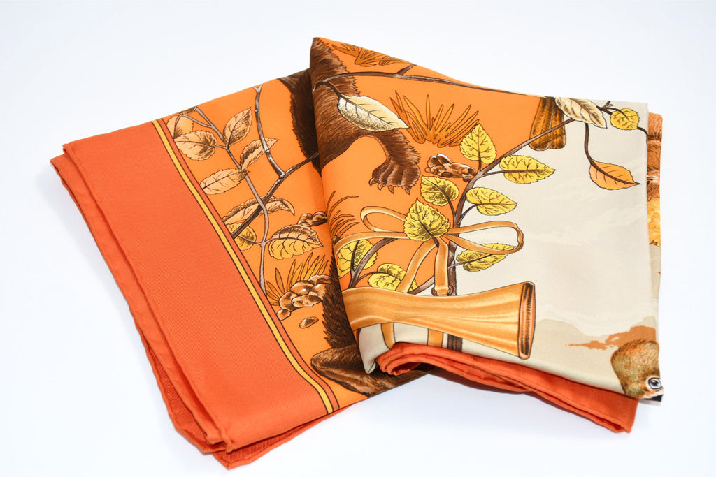 Hermes Scarf Chasse au bois 90 cm silk orange Carre fox animal hunter 35"