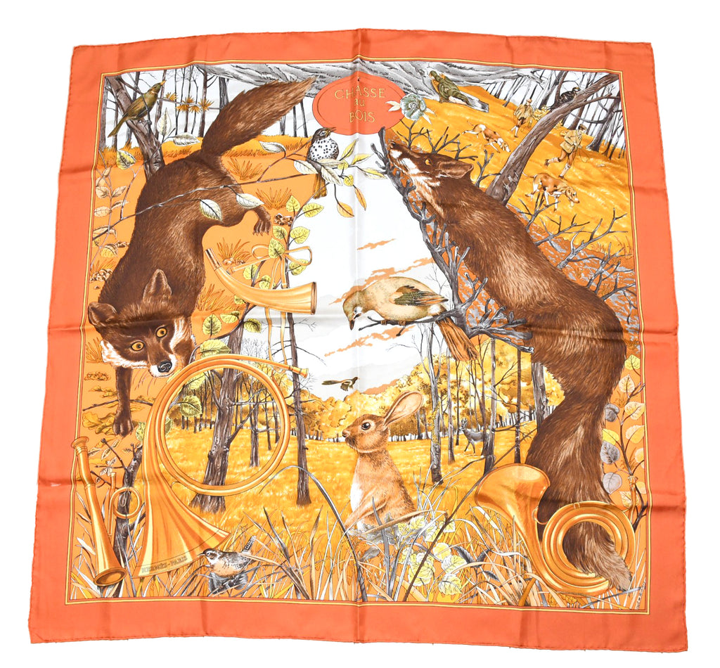 Hermes Scarf Chasse au bois 90 cm silk orange Carre fox animal hunter 35"