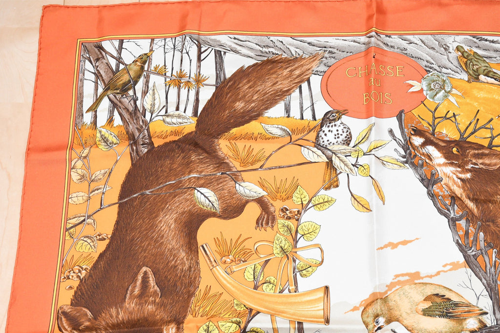 Hermes Scarf Chasse au bois 90 cm silk orange Carre fox animal hunter 35"