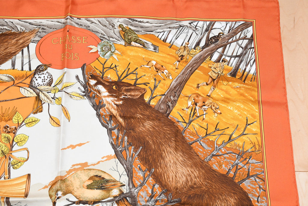 Hermes Scarf Chasse au bois 90 cm silk orange Carre fox animal hunter 35"