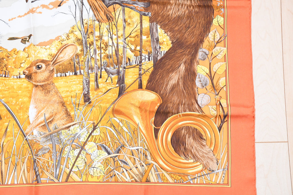 Hermes Scarf Chasse au bois 90 cm silk orange Carre fox animal hunter 35"
