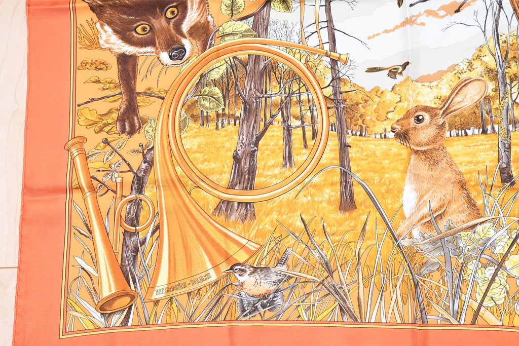 Hermes Scarf Chasse au bois 90 cm silk orange Carre fox animal hunter 35"