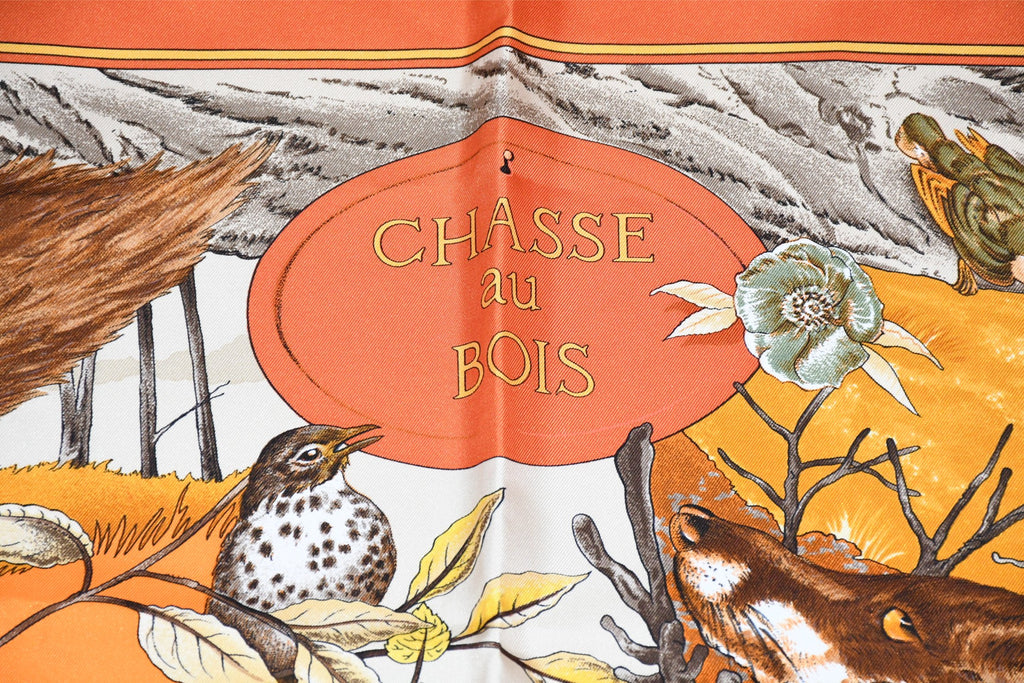 Hermes Scarf Chasse au bois 90 cm silk orange Carre fox animal hunter 35"