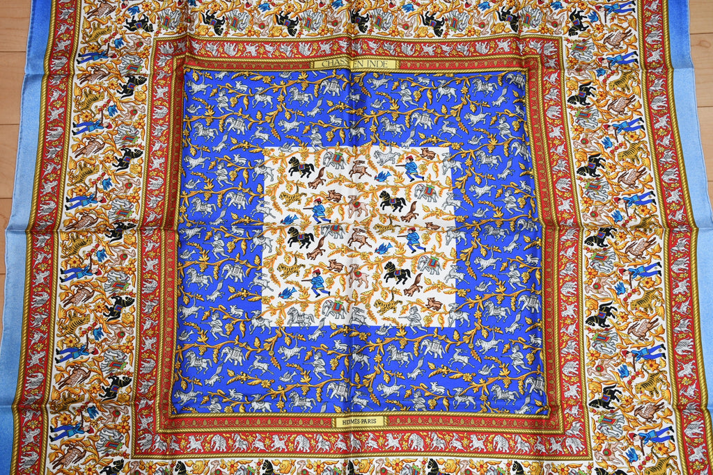 Hermes Scarf Chasse en Inde silk 90 cm blue Carre India hunter 35"