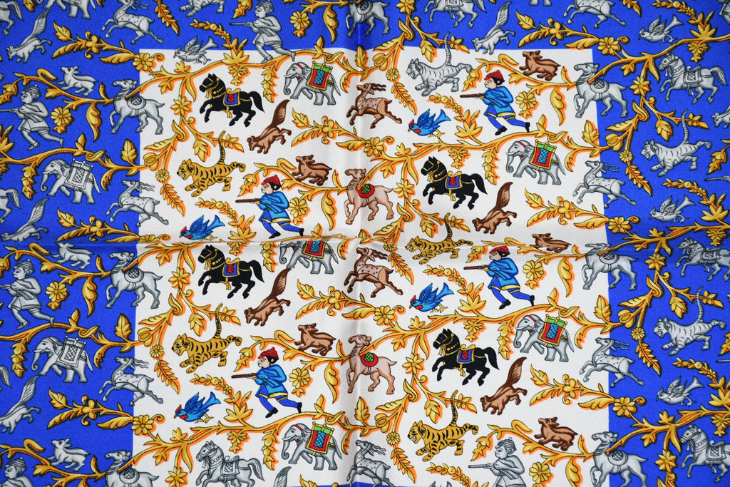 Hermes Scarf Chasse en Inde silk 90 cm blue Carre India hunter 35"