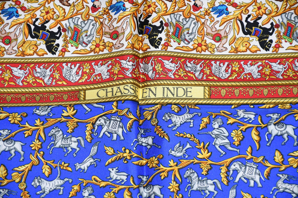 Hermes Scarf Chasse en Inde silk 90 cm blue Carre India hunter 35"