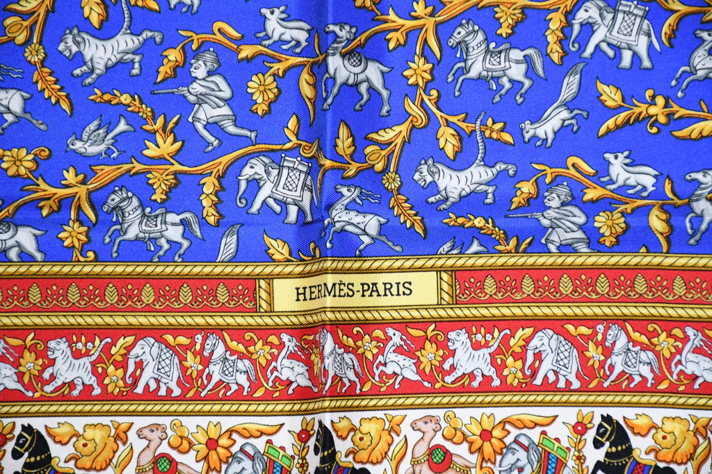 Hermes Scarf Chasse en Inde silk 90 cm blue Carre India hunter 35"