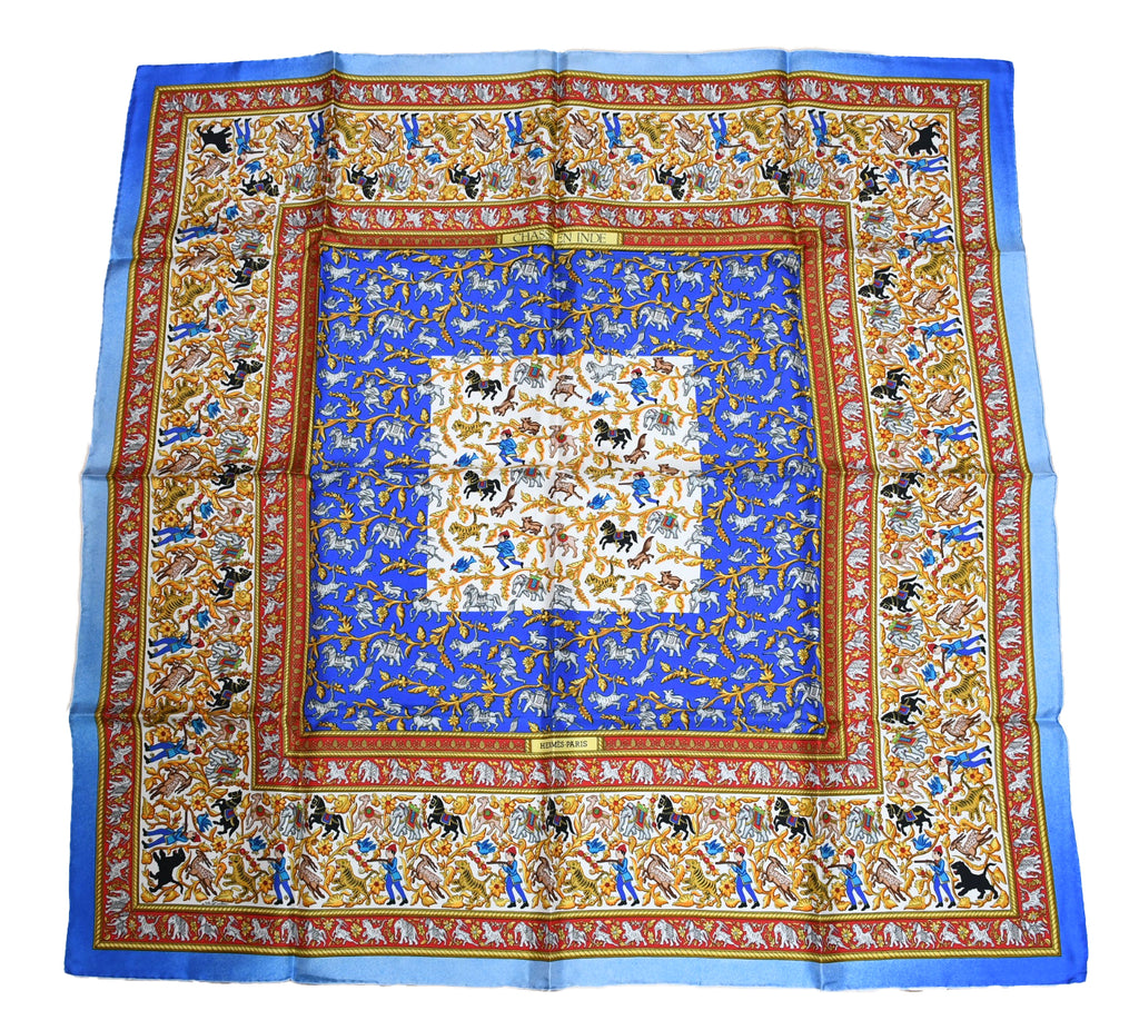 Hermes Scarf Chasse en Inde silk 90 cm blue Carre India hunter 35"