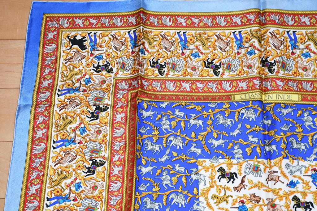 Hermes Scarf Chasse en Inde silk 90 cm blue Carre India hunter 35"