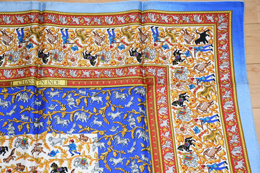 Hermes Scarf Chasse en Inde silk 90 cm blue Carre India hunter 35"
