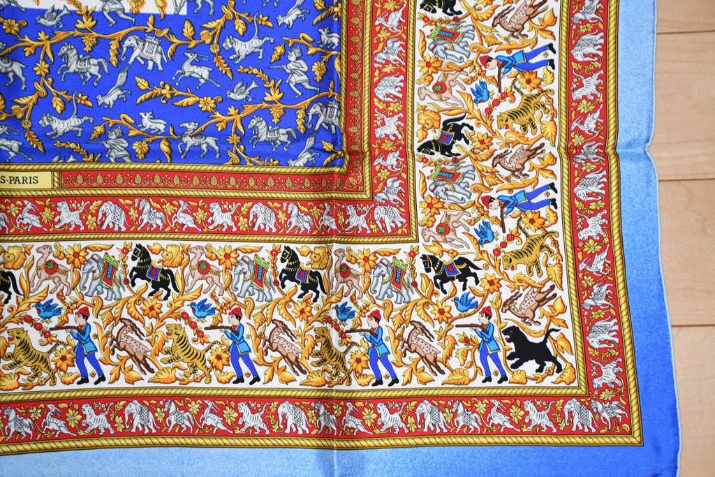 Hermes Scarf Chasse en Inde silk 90 cm blue Carre India hunter 35"
