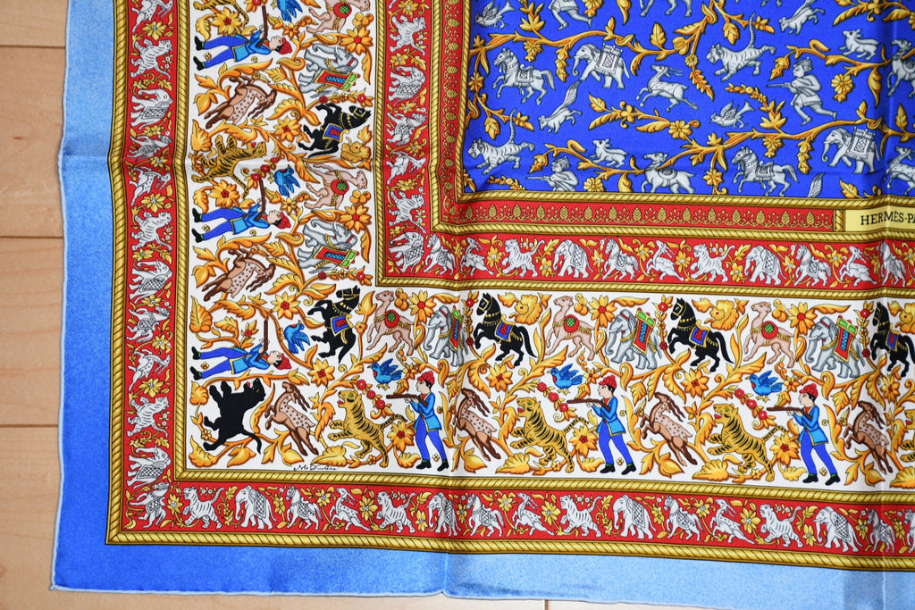Hermes Scarf Chasse en Inde silk 90 cm blue Carre India hunter 35"
